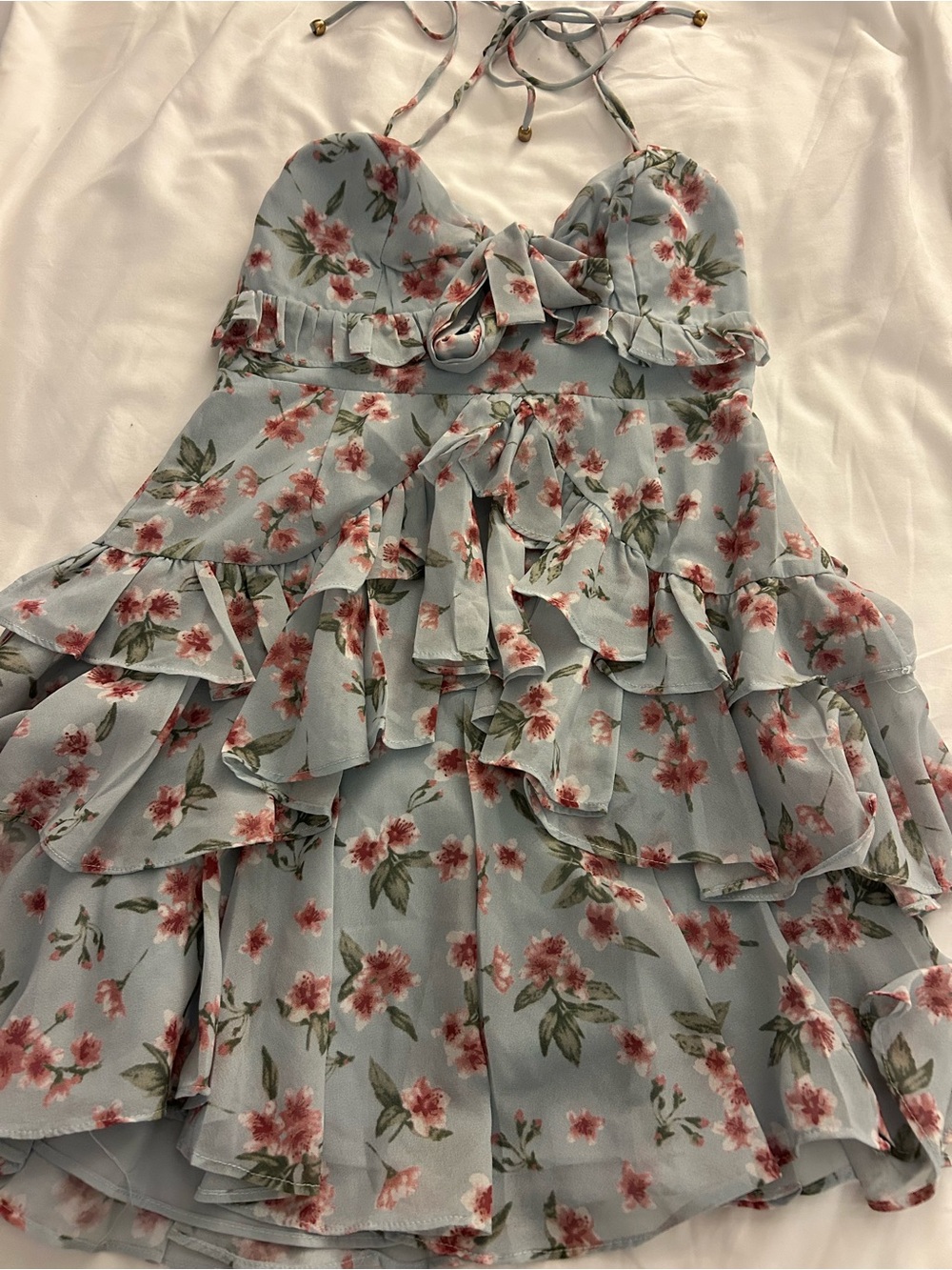 Floral Ruffle Mini Dress in Pastel Blue with Tie-Front